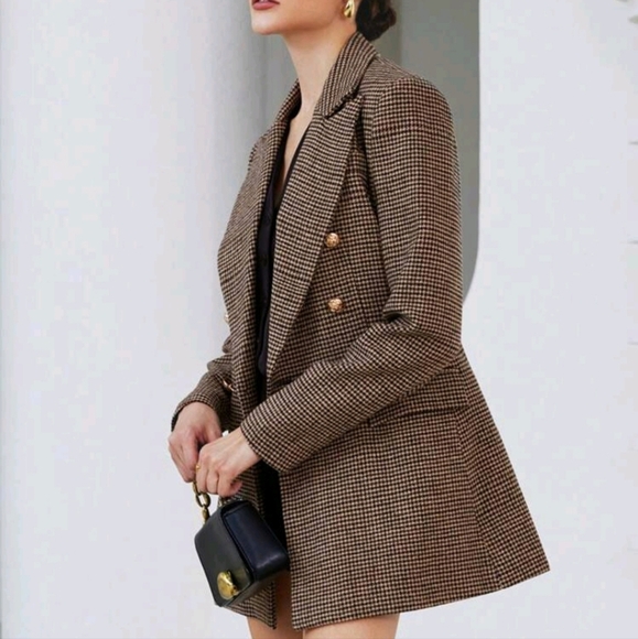 Business Style Lapel Long Sleeve Plaid Double-Breasted Blazer Jacket - Picture 1 of 4